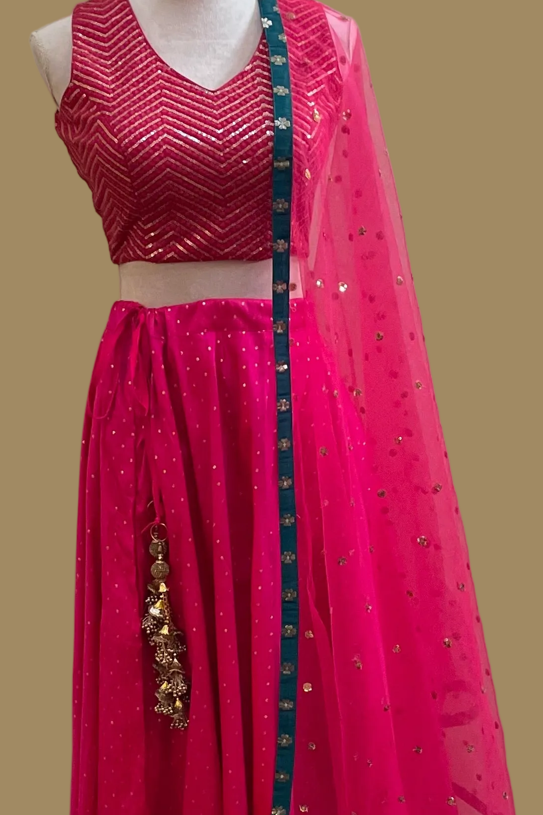 Hot Pink Banarasi Silk Lehenga Set with Sequin Blouse & Teal Net Dupatta