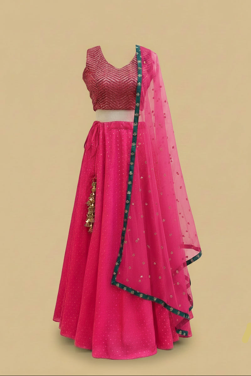 Hot Pink Banarasi Silk Lehenga Set with Sequin Blouse & Teal Net Dupatta