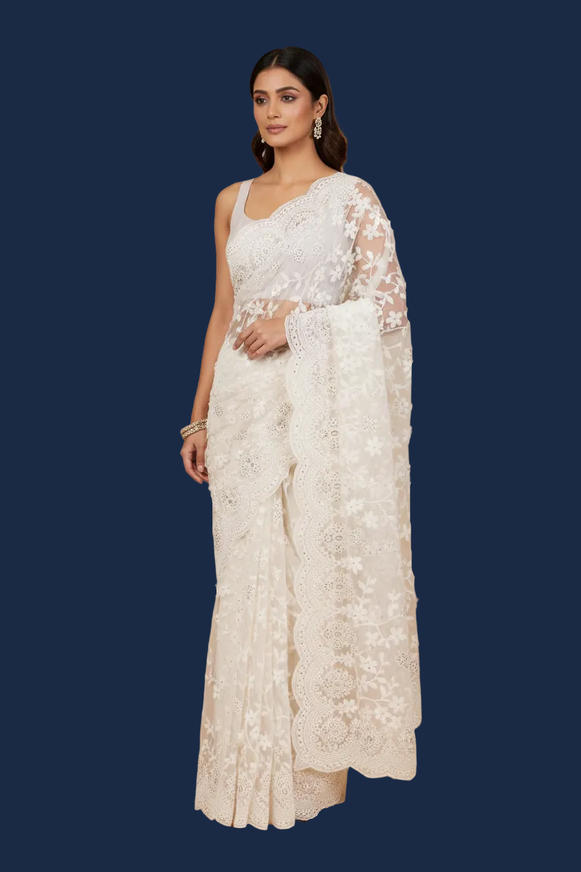 White Net Saree with Floral Embroidery and Stonework