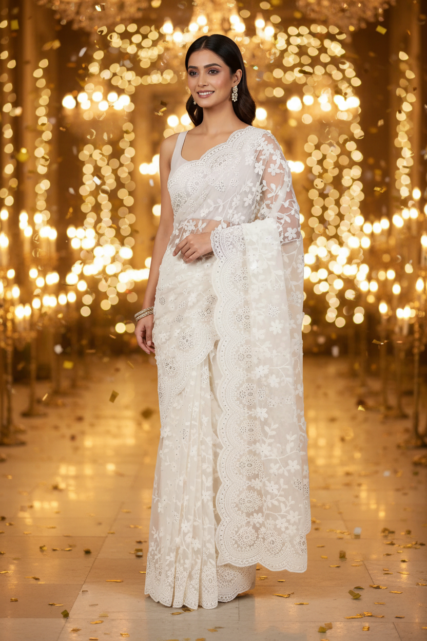 White Net Saree with Floral Embroidery and Stonework