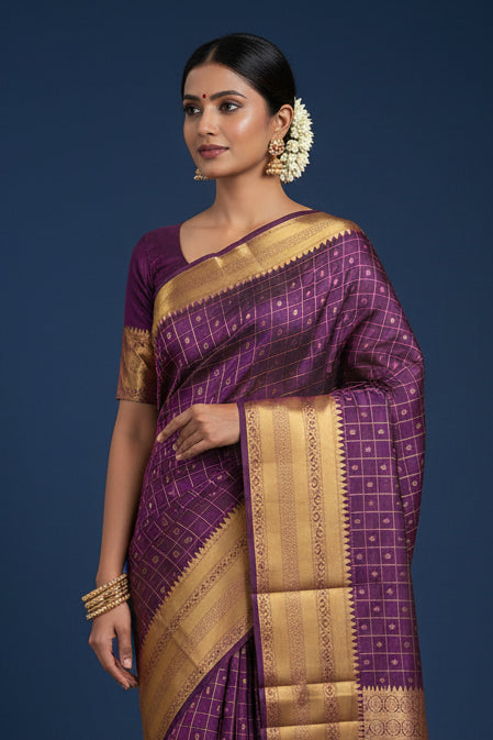 Burgundy Purple Pure Kanjeevaram Silk Saree with Gold Border