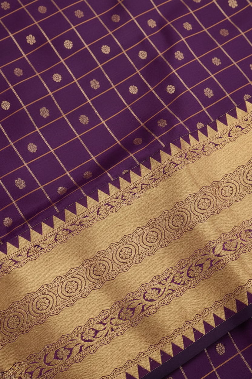 Burgundy Purple Pure Kanjeevaram Silk Saree with Gold Border