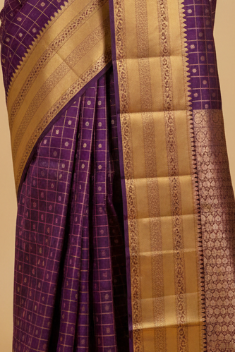 Burgundy Purple Pure Kanjeevaram Silk Saree with Gold Border