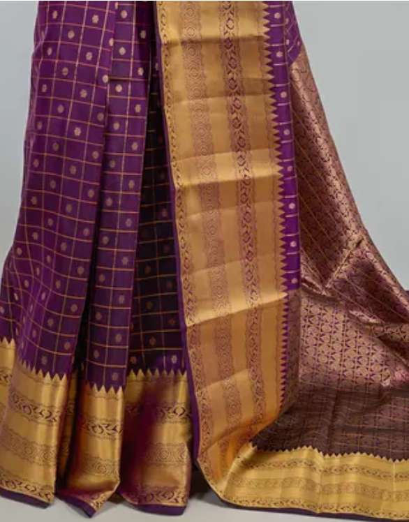 Burgundy Purple Pure Kanjeevaram Silk Saree with Gold Border