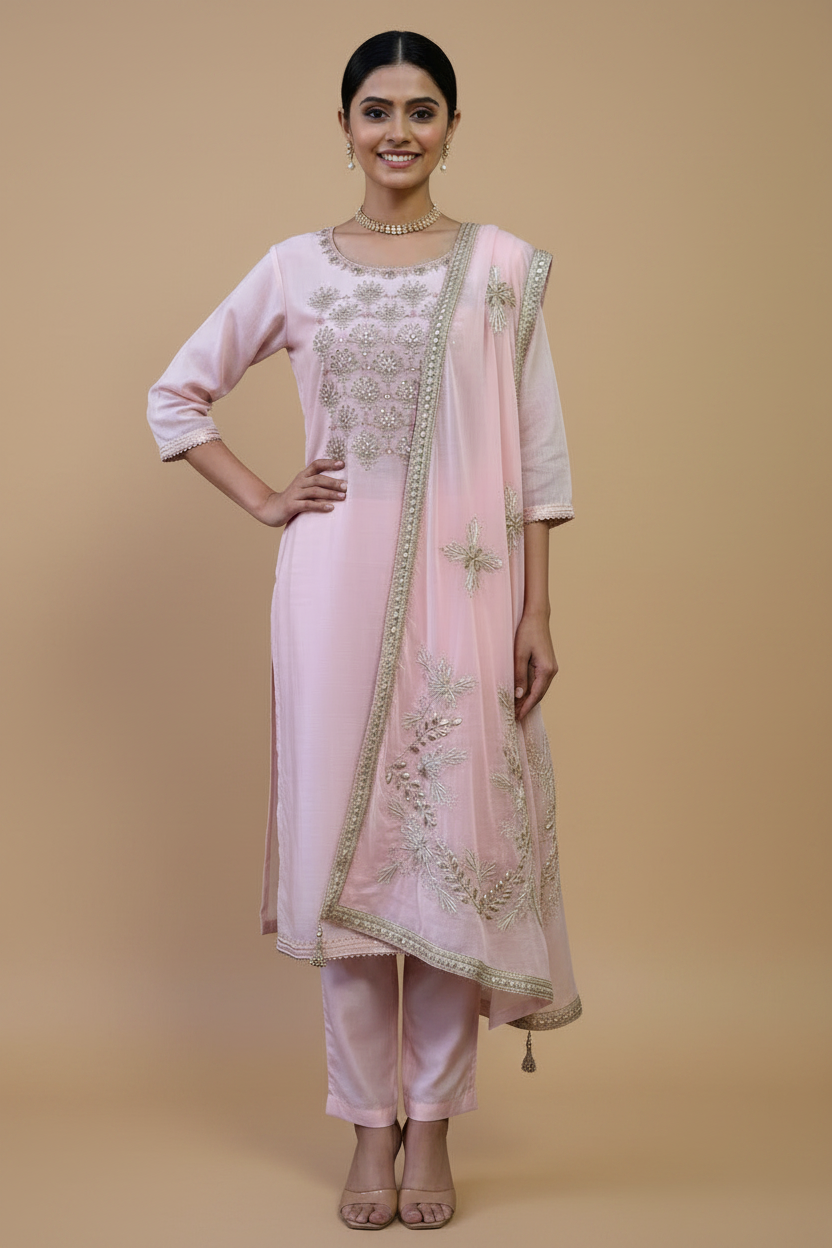 Light Pink Silk Salwar Set with Gota Embroidery