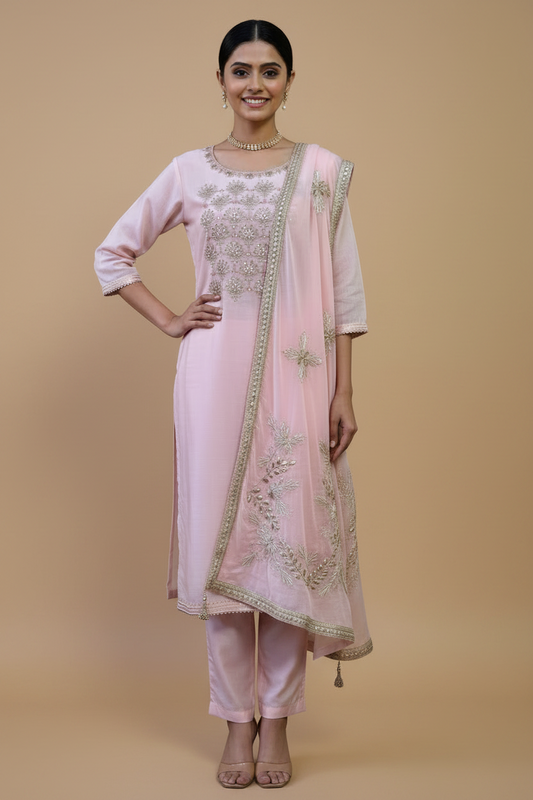 Light Pink Silk Salwar Set with Gota Embroidery