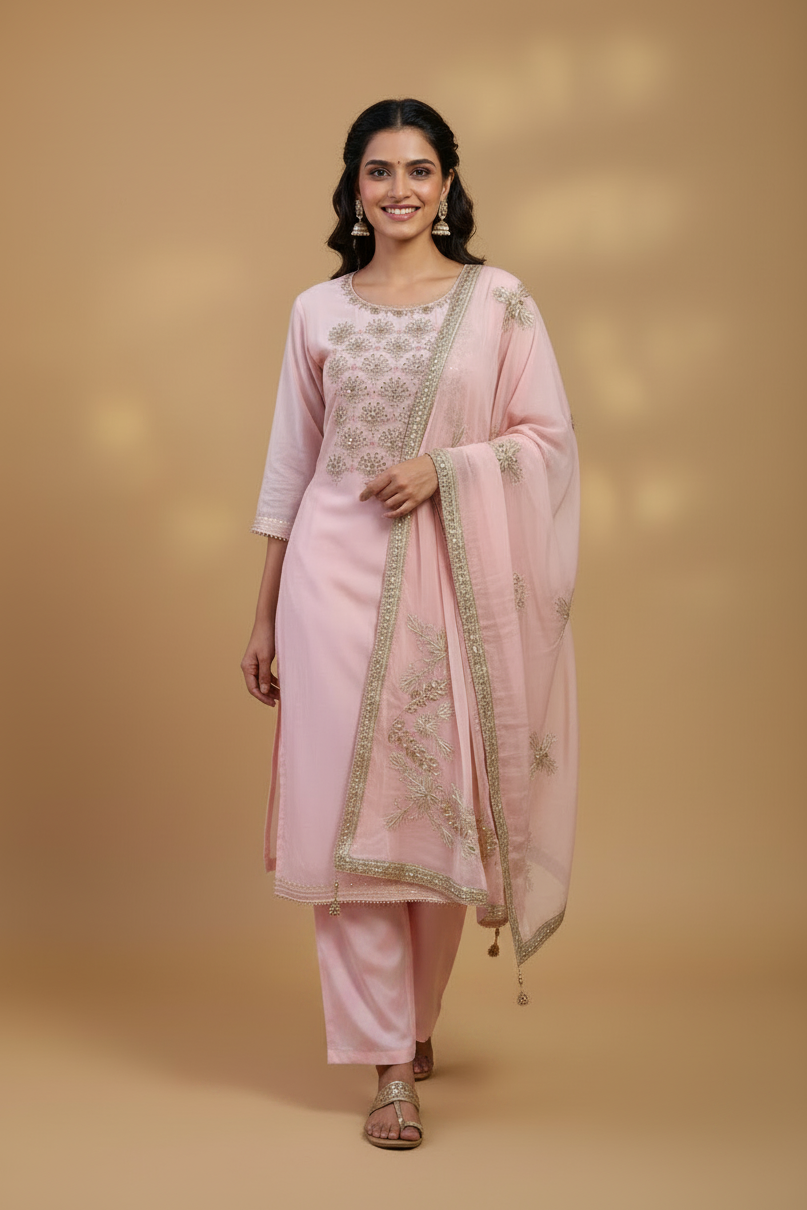 Light Pink Silk Salwar Set with Gota Embroidery