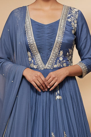 Steel Blue Crepe Silk Floral Embroidery Gown with Chiffon Dupatta