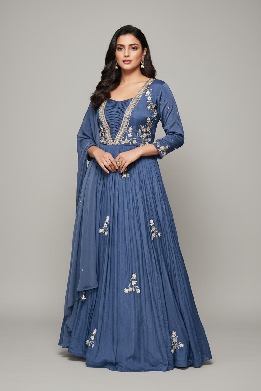 Steel Blue Crepe Silk Floral Embroidery Gown with Chiffon Dupatta