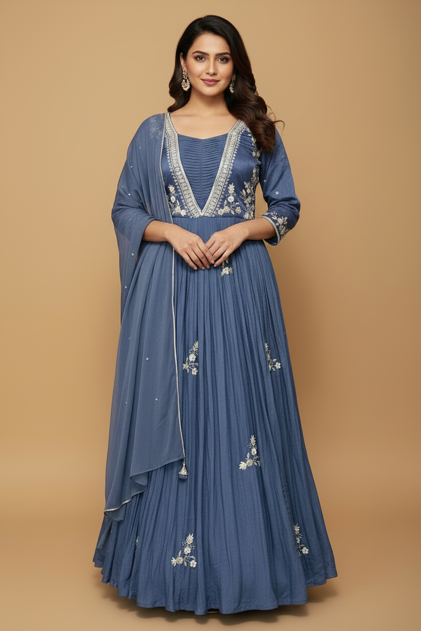 Steel Blue Crepe Silk Floral Embroidery Gown with Chiffon Dupatta