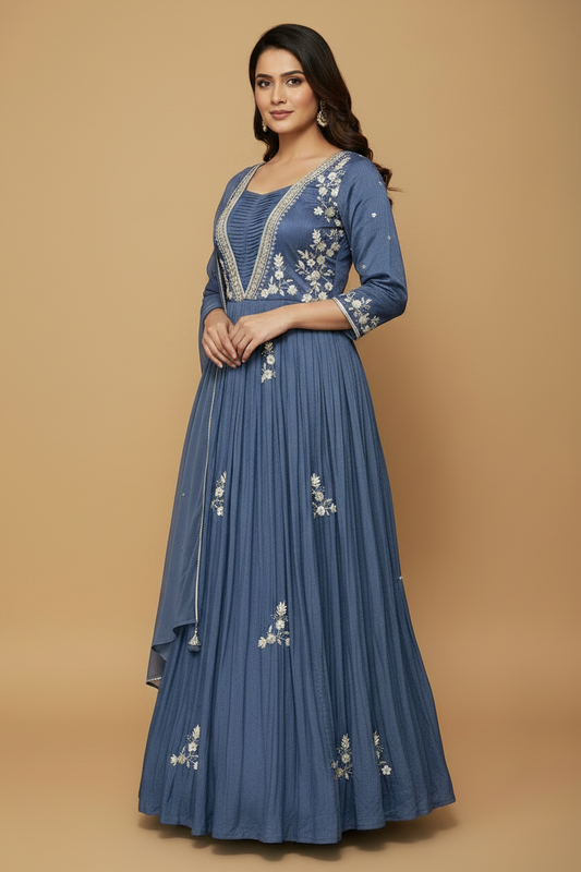 Steel Blue Crepe Silk Floral Embroidery Gown with Chiffon Dupatta