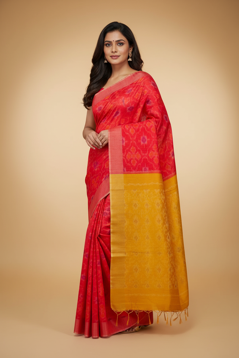 Red Pure Ikkat Dupion Silk Saree