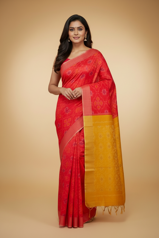 Red Pure Ikkat Dupion Silk Saree