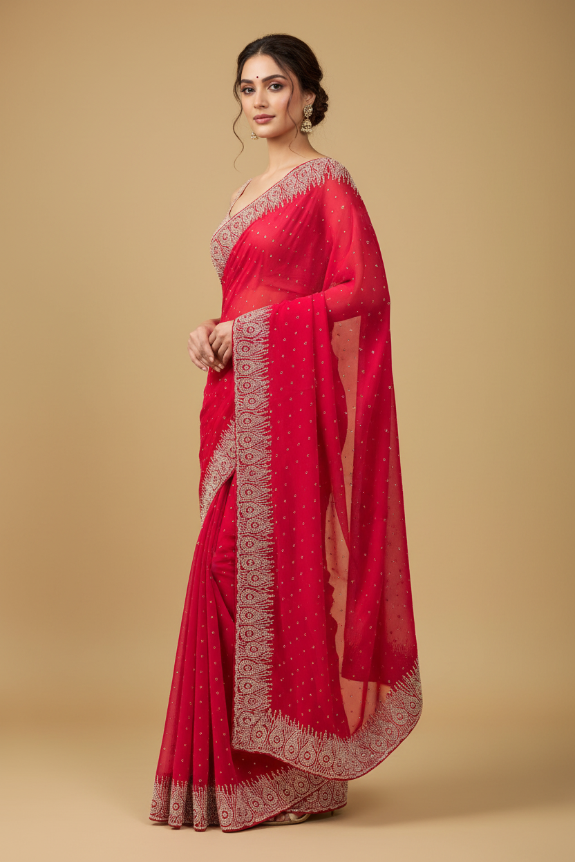 Red Georgette Saree with Crystal Work