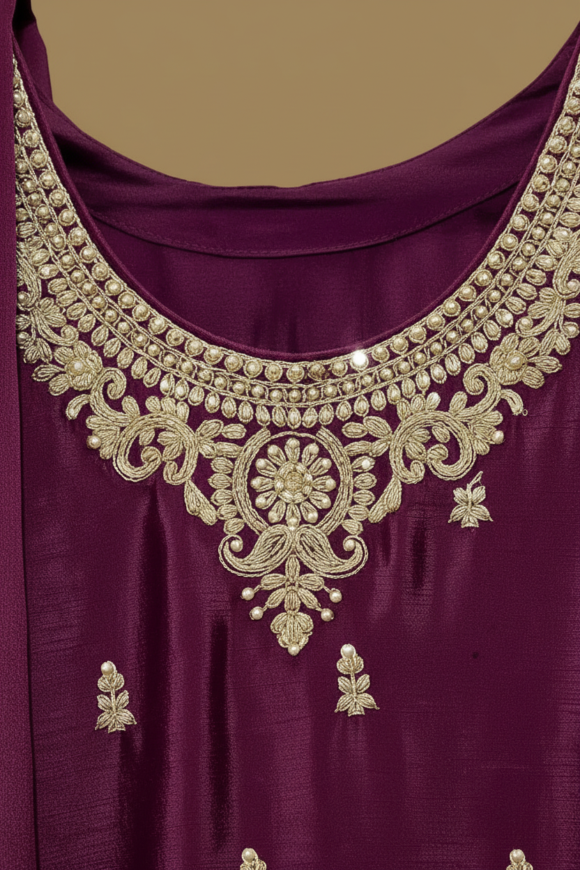Burgundy Silk Sharara Set with Gold Zari Embroidery