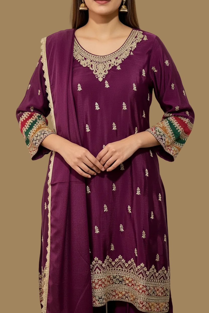 Burgundy Silk Sharara Set with Gold Zari Embroidery