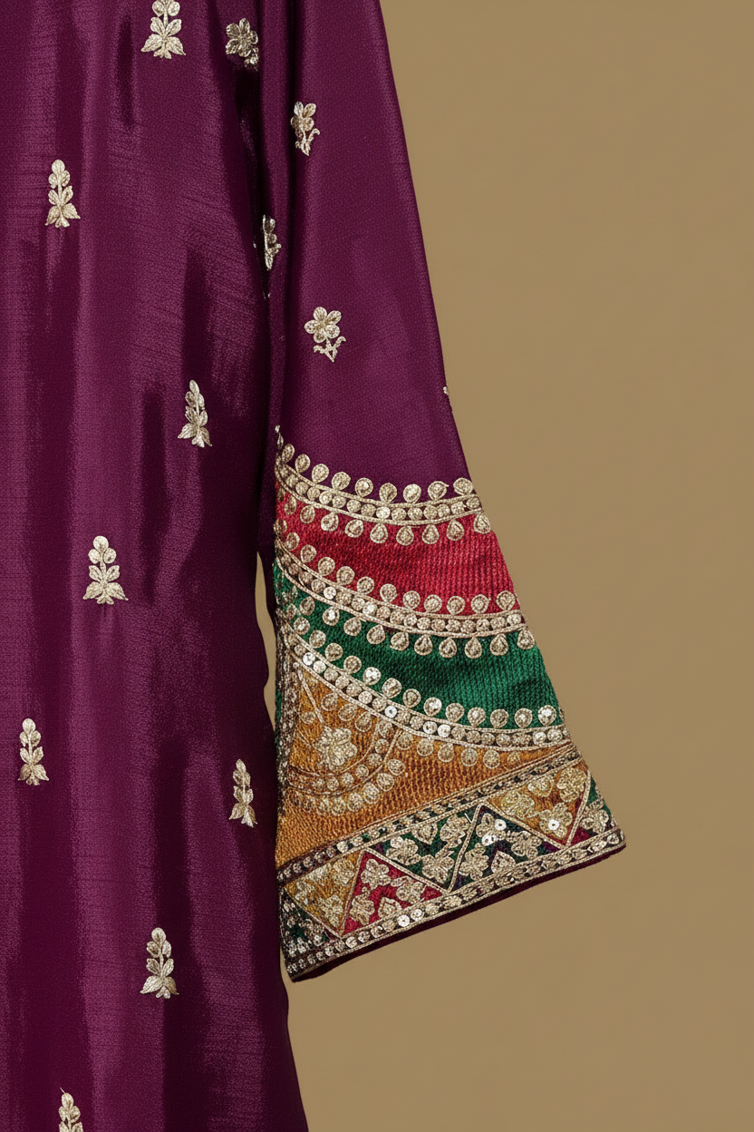 Burgundy Silk Sharara Set with Gold Zari Embroidery