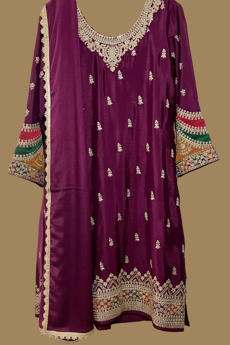 Burgundy Silk Sharara Set with Gold Zari Embroidery