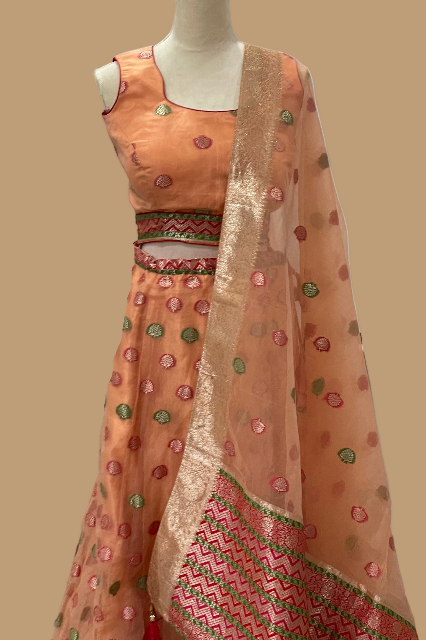Peach Banarasi Organza Lehenga Set
