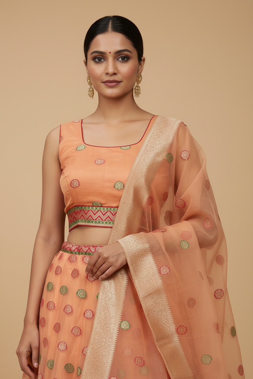 Peach Banarasi Organza Lehenga Set