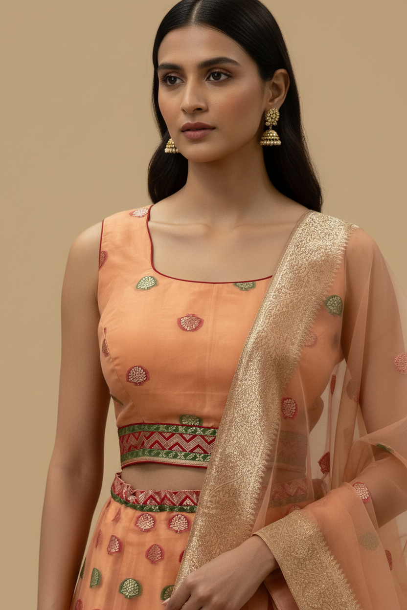 Peach Banarasi Organza Lehenga Set