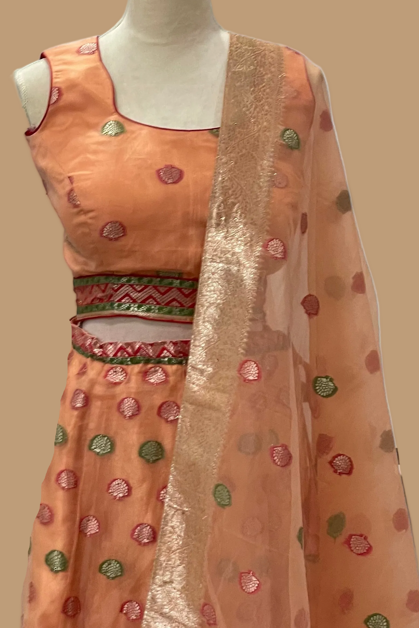 Peach Banarasi Organza Lehenga Set