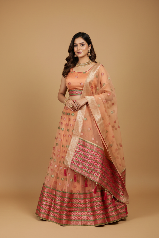 Peach Banarasi Organza Lehenga Set