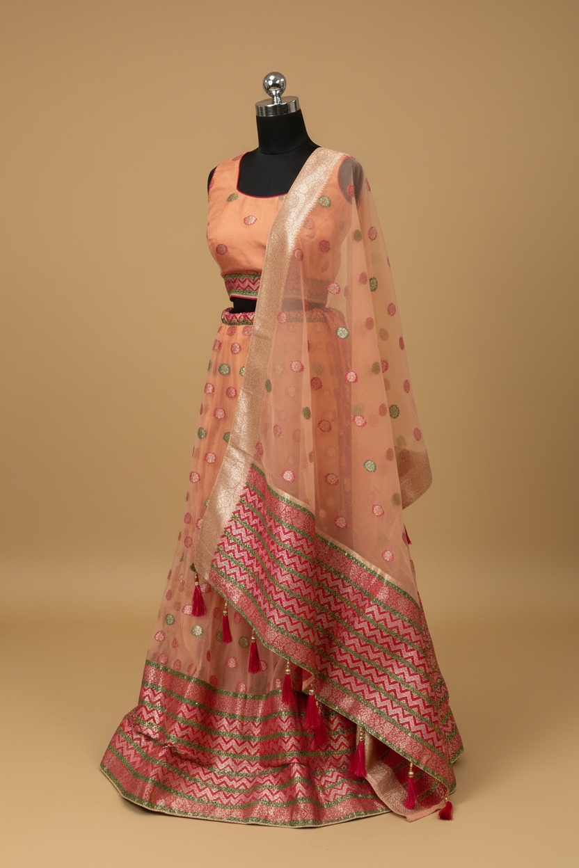 Peach Banarasi Organza Lehenga Set