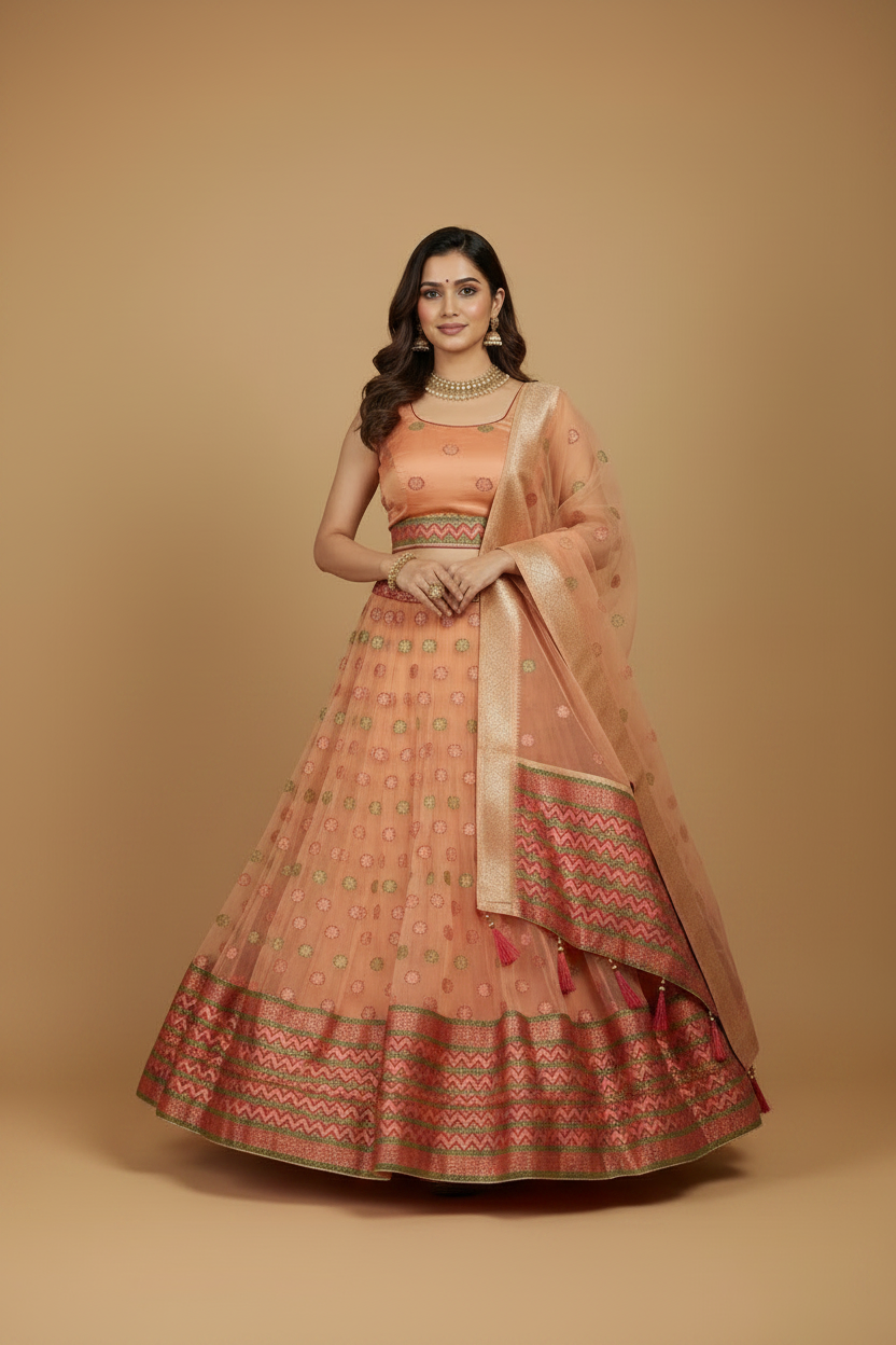 Peach Banarasi Organza Lehenga Set