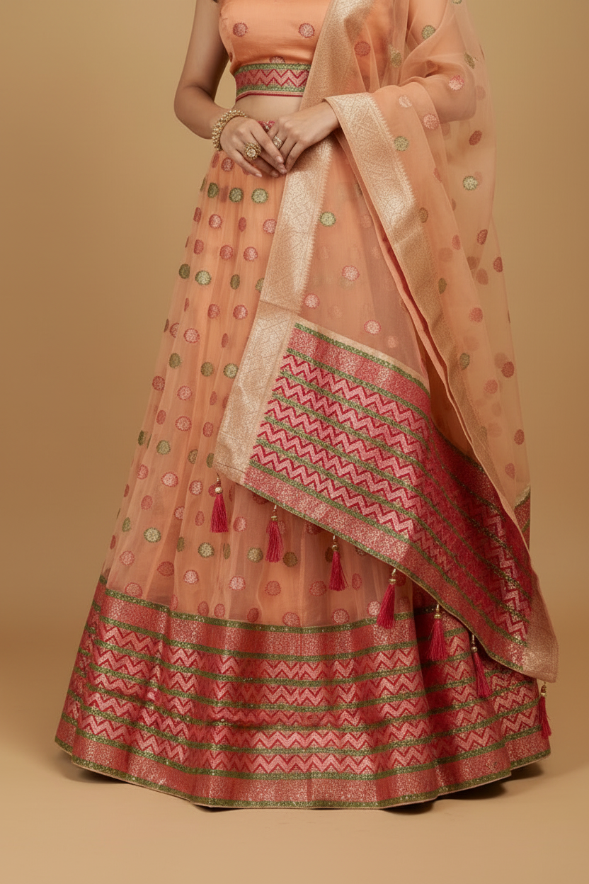 Peach Banarasi Organza Lehenga Set