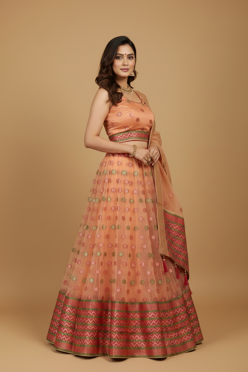 Peach Banarasi Organza Lehenga Set
