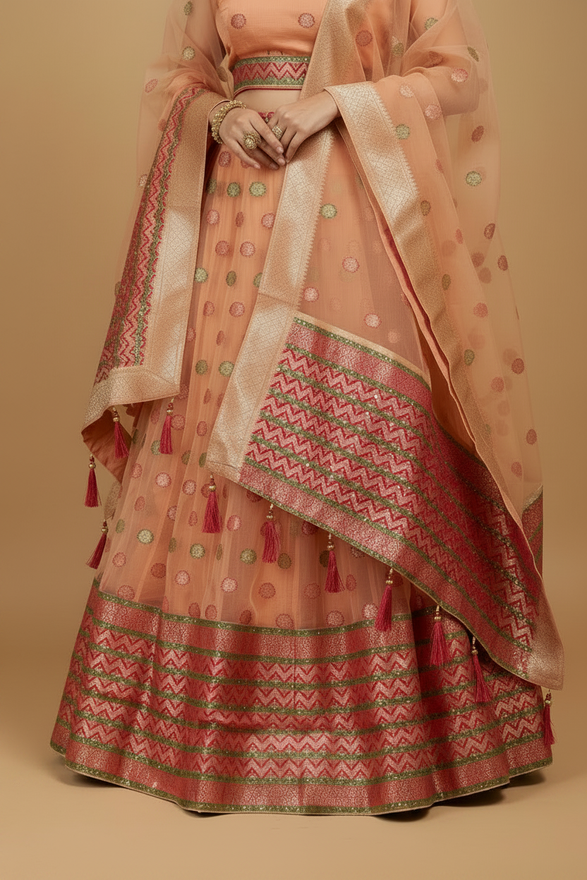Peach Banarasi Organza Lehenga Set