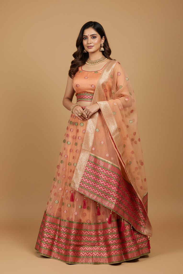 Peach Banarasi Organza Lehenga Set