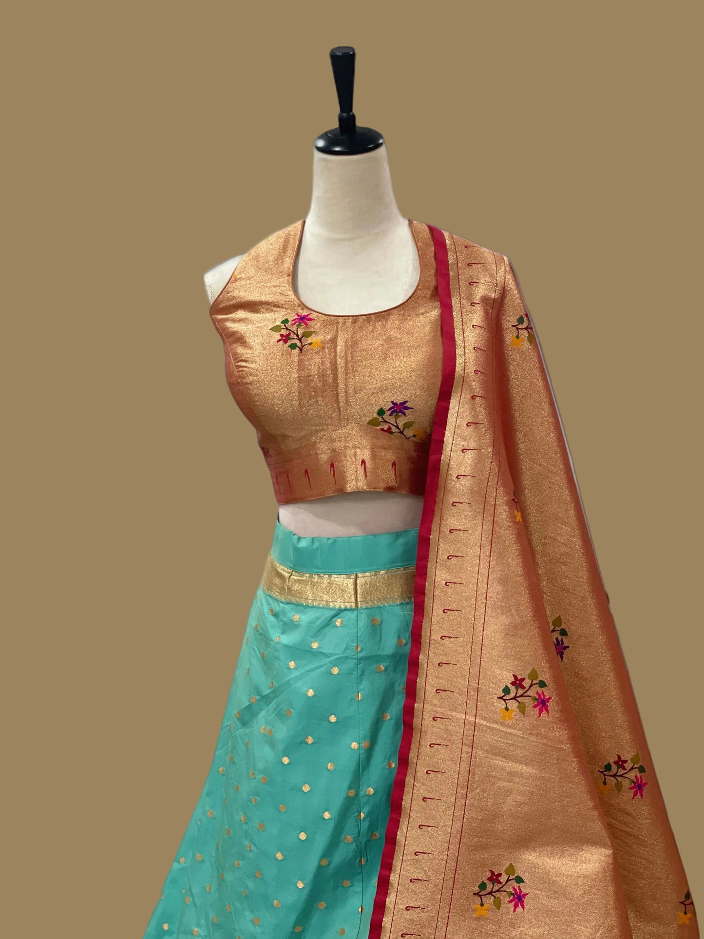 Turquoise Blue-Green Paithani Silk Lehenga Set