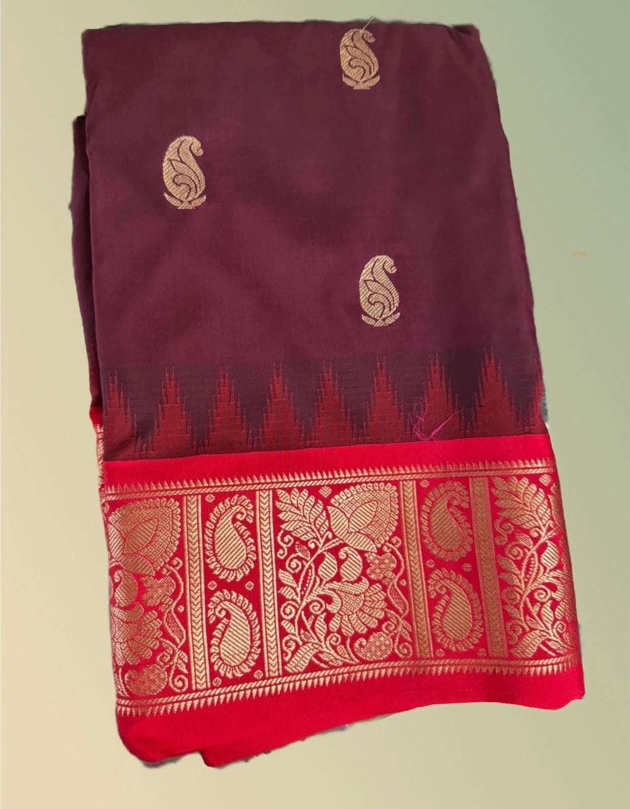 Burgundy Pure Kanjeevaram Silk Saree with Red Border & Pallu
