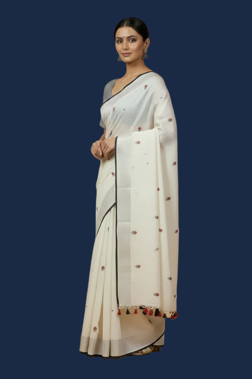White Pure Linen Embroidery Saree with Stitched Blouse