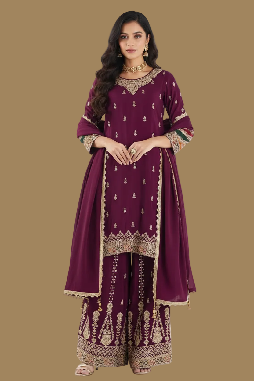 Burgundy Silk Sharara Set with Gold Zari Embroidery