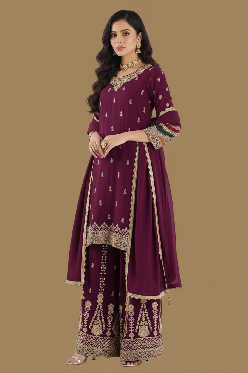 Burgundy Silk Sharara Set with Gold Zari Embroidery