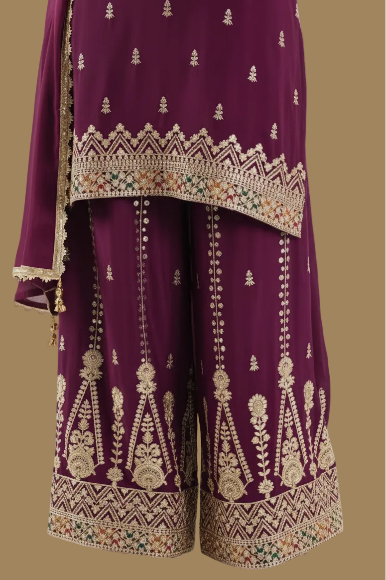 Burgundy Silk Sharara Set with Gold Zari Embroidery