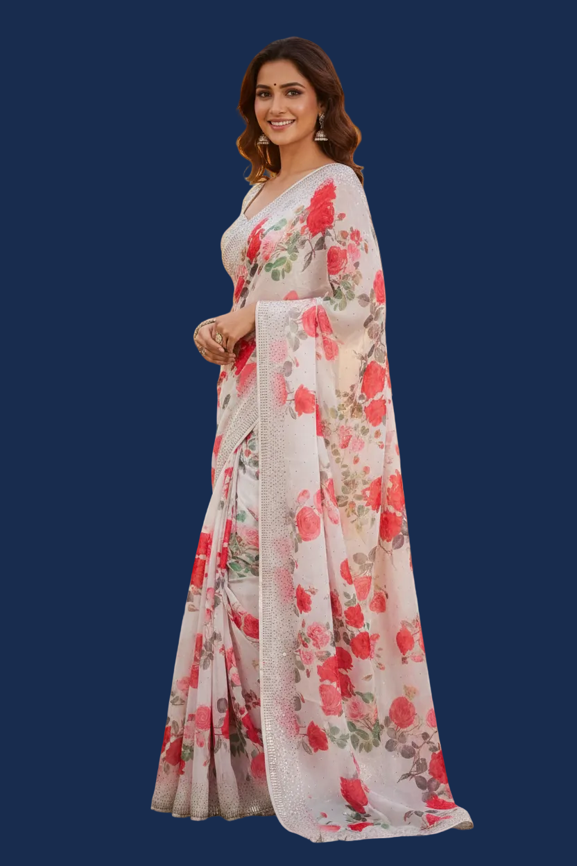 White Floral Satin Saree with Crystal Work