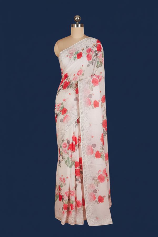 White Floral Satin Saree with Crystal Work