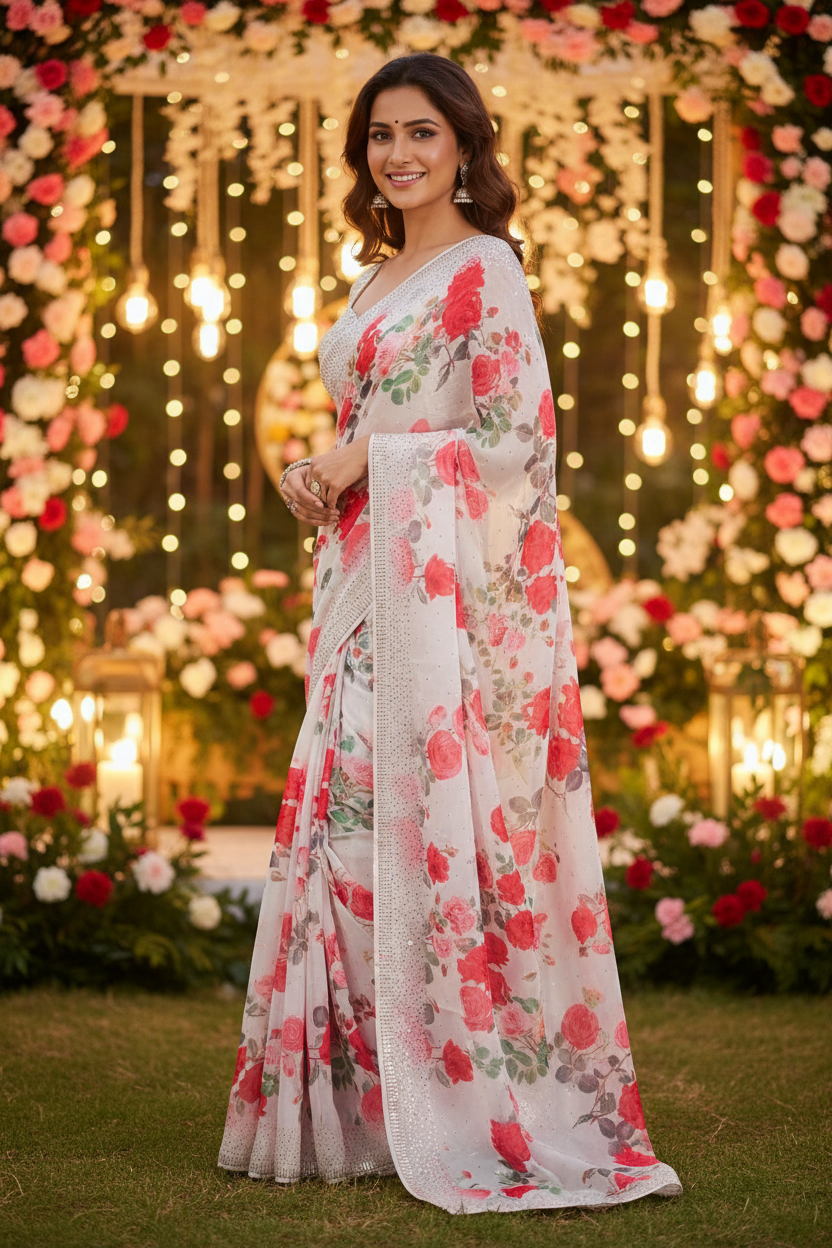 White Floral Satin Saree with Crystal Work
