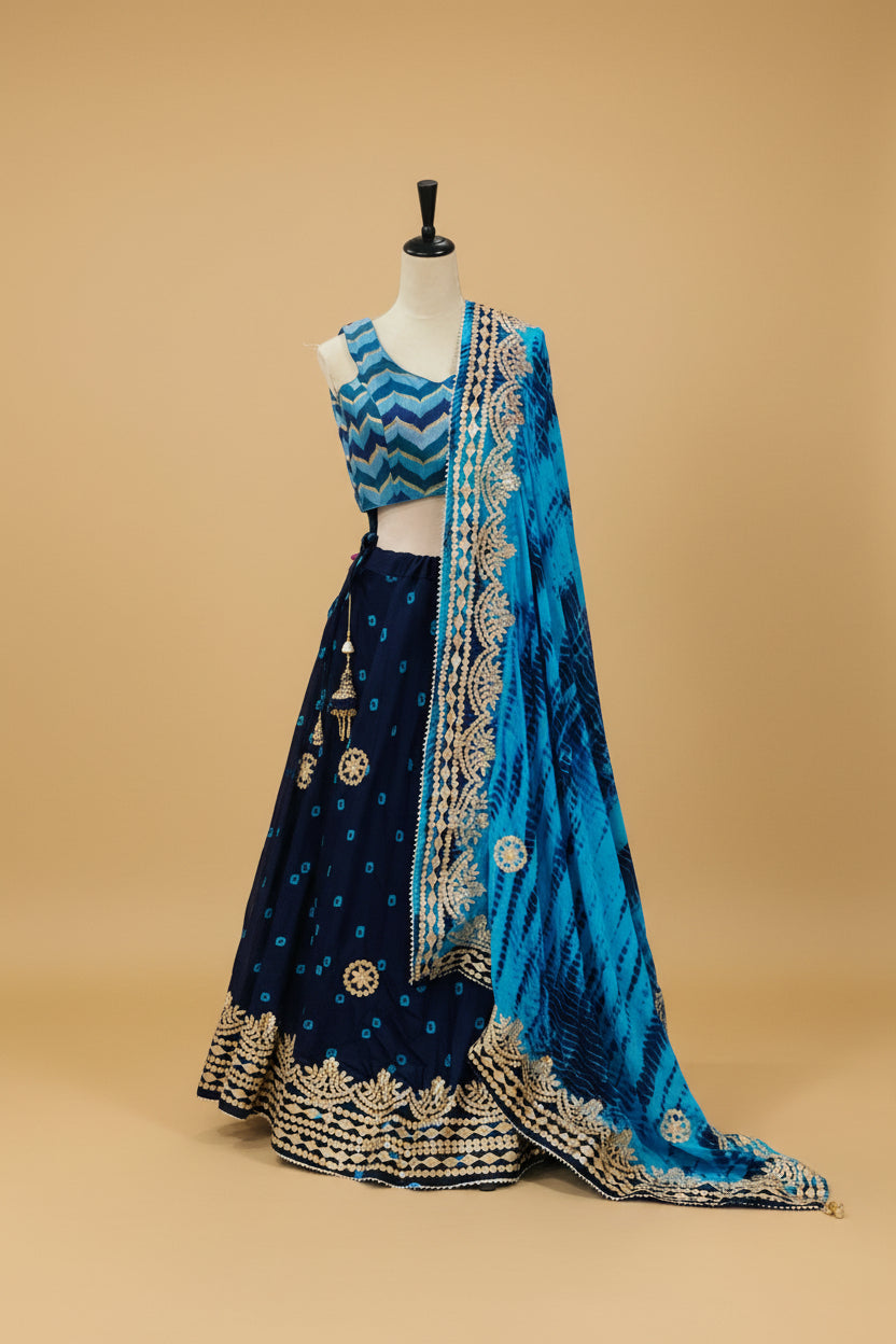 Blue Bandhani Silk Lehenga Set with Gota Embroidery