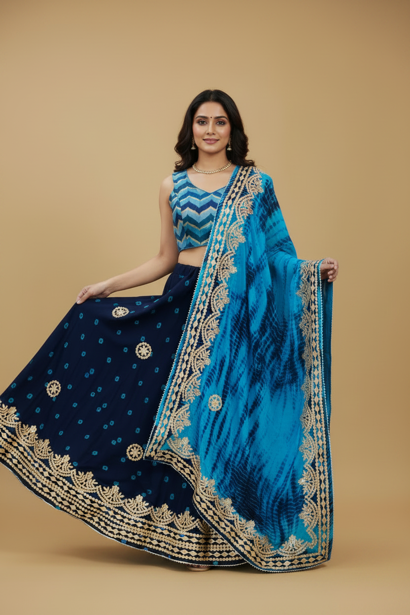 Blue Bandhani Silk Lehenga Set with Gota Embroidery