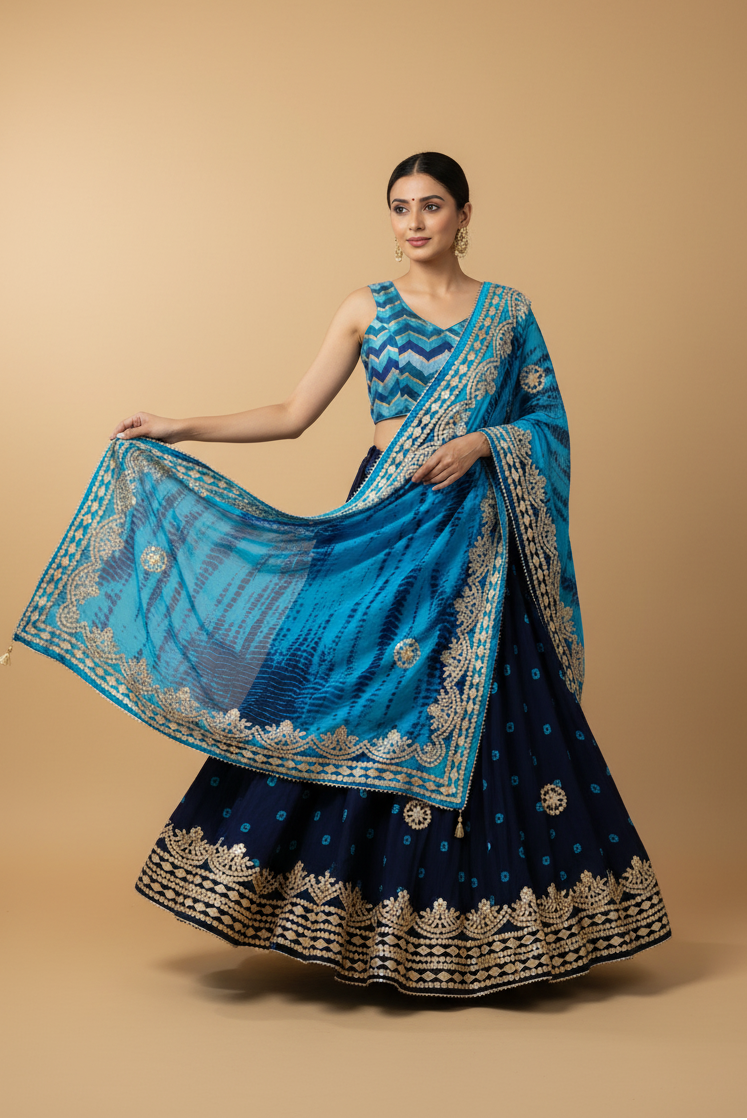 Blue Bandhani Silk Lehenga Set with Gota Embroidery