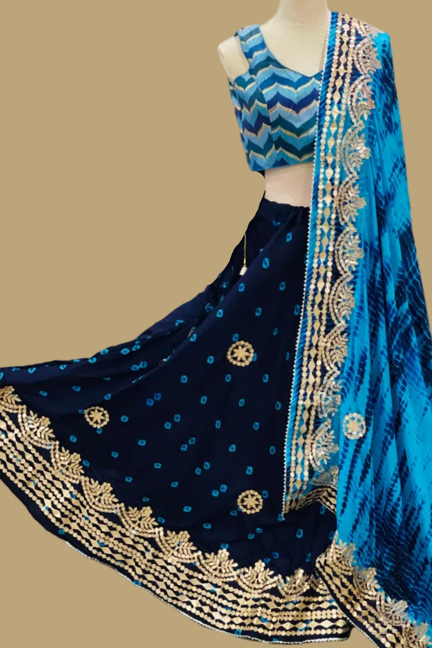 Blue Bandhani Silk Lehenga Set with Gota Embroidery