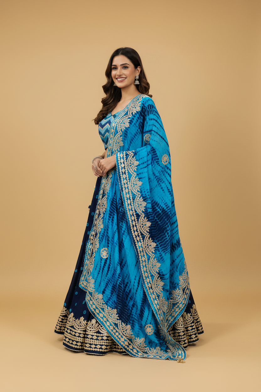 Blue Bandhani Silk Lehenga Set with Gota Embroidery