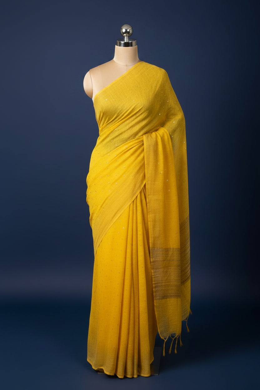 Turmeric Yellow Pure Linen Saree with Mirrorwork