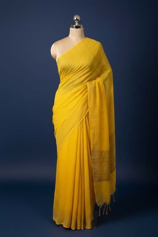 Turmeric Yellow Pure Linen Saree with Mirrorwork