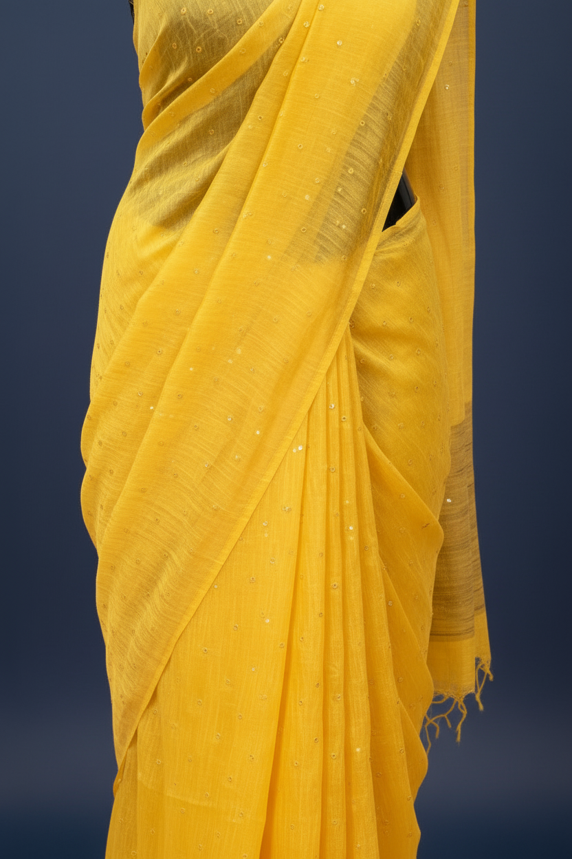 Turmeric Yellow Pure Linen Saree with Mirrorwork